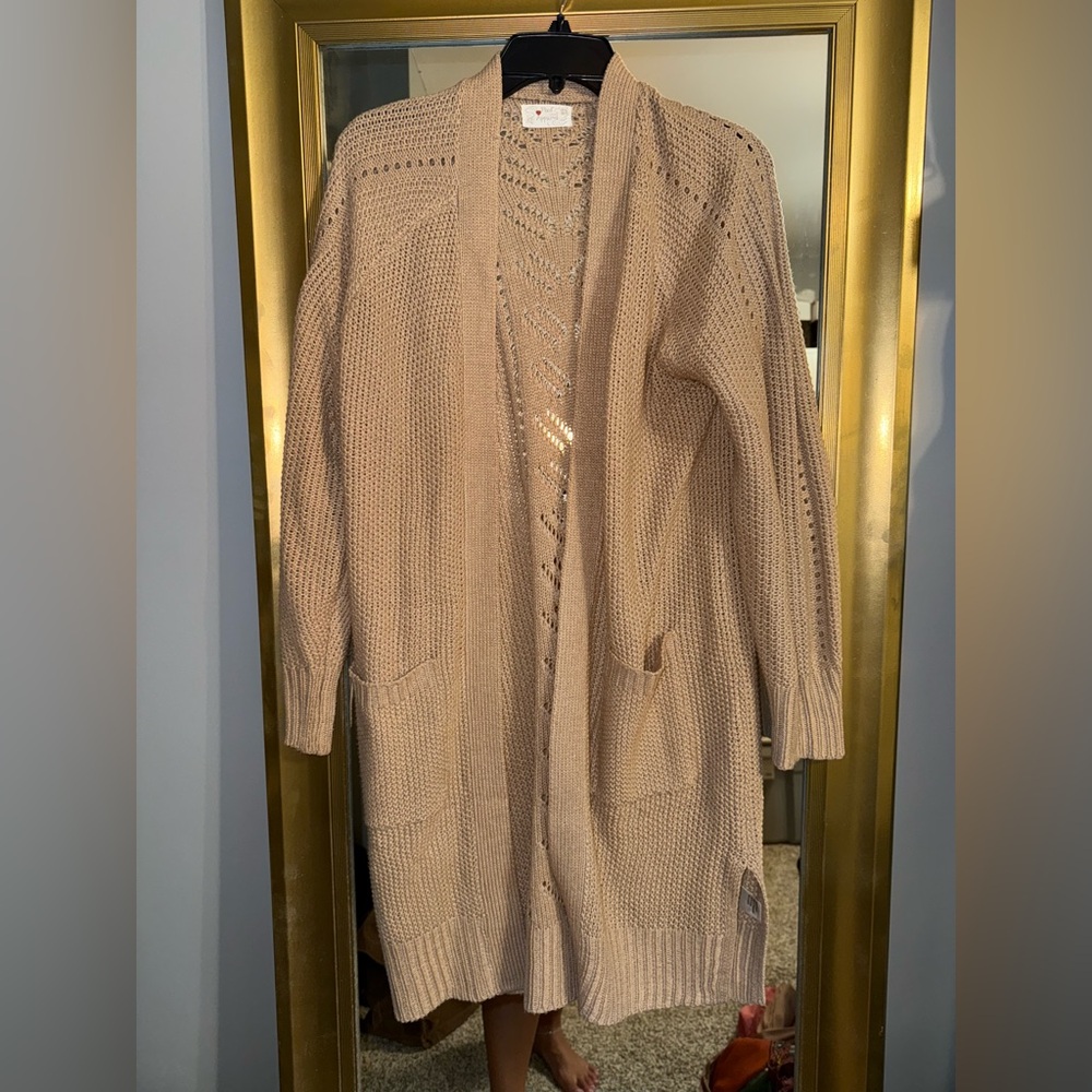Poof! Women's Tan Knit Long Cardigan